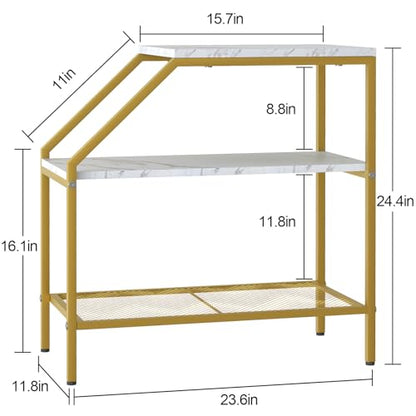 Wolawu End Table 3 Tiers 2pcs White Marble Wood Nightstand with Storage Ladder Shelf,Industrial Sofa Side Table for Small Space, Modern Trapezoid Plant Stand in Living Room Bedroom,Gold Metal Frame - color: White Marble