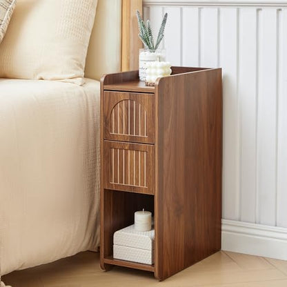FurSch Fluted Thin Nightstand & Skinny Bedside Table for Bedroom, Narrow Night Stand Side End Table with 2 Drawers and Open Shelf for Small Spaces (Walnut-1 pc) - color: Walnut-1 Pc