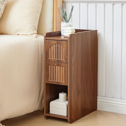 FurSch Fluted Narrow Nightstand & Skinny Bedside Table for Bedroom, Thin Night Stand Side End Table with 2 Drawers and Open Shelf for Small Spaces (Walnut-2 pcs) - color: Walnut-2 Pcs