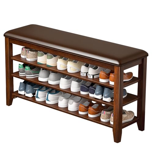Shoe Rack Bench,3 Tier Adjustable Shelves Rubberwood 39.4'' | Shoe Bench with Storage,Removable Shelves for Shoes, Entryway,Hallway, Mudroom, Closet and Front Door Organization - color: Walnut, size: 39.4''
