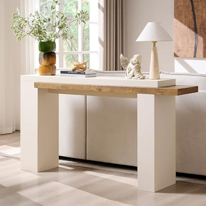 OKD 63" Modern Geometric Console Table with Layered Top, Antique White | Extended Layered Top, Sturdy Support Legs, Entryway, Hallway, Foyer, Living room, Behind Sofa - color: Antique White