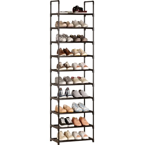 10-Tier Large Capacity Shoe Rack, Sturdy Narrow Shoe Stand for Entryway, Closet, Hallway, 20-25 Pairs Waterproof Dustproof Shoe Storage, Space Saving Tall Shoe Tower (Black) - size: 10-Black(17.5W")