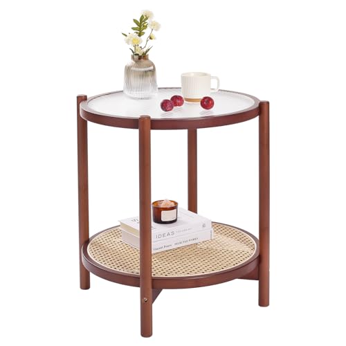 Tiita Rattan Nightstand Side Table, Bamboo Accent Bedside Tables, Glass Coffee Tables, Boho Wooden End Table with Storage for Small Space, Living Room and Bedroom - color: Round Table-s-brown