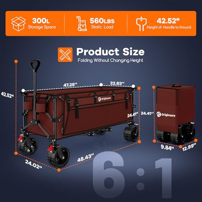 Originsure 300L Collapsible Beach Wagon Cart with Big Wheels, 560lbs, Red | 48" Foldable Utility Wagon,7" All-Terrain Wheels,Heavy Duty Frame,Compact&Space-Saving,for Camping,Sports,Grocery,Garden - color: Red