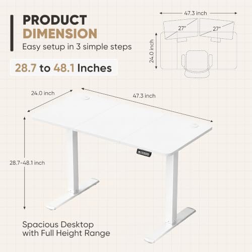 Furmax 48 Inches Electric Height Adjustable Standing Desk Home Office Desk | Large Sit Stand Up Computer Desk Memory Preset with T-Shaped Metal Bracket, White - color: White, size: 48 Inch
