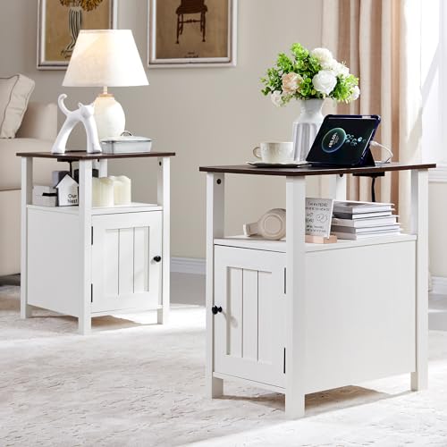 IFGET Farmhouse Nightstand Set of 2, End Table with Charging Station, Rustic Side Table w/Barn Door & Open Shelves, Bedside Table w/Storage Space and Storage Cabinet for Bedroom, Living Room (White) - color: White
