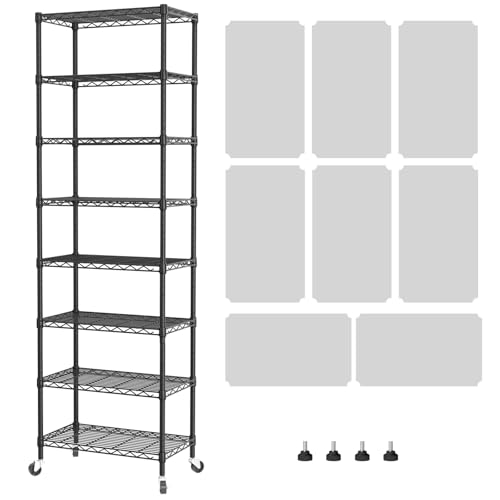 SINGAYE 8 Shelves Storage Wire Shelf Closet Metal Shelving Pantry Wheels | Shelf Bathroom Organizers Metal Kitchen Garage Shelving Unit Laundry Room Organization Home Rack Net Basket with Wheels - color: Black, size: 8Tier/12"D X 22"W X 74"H