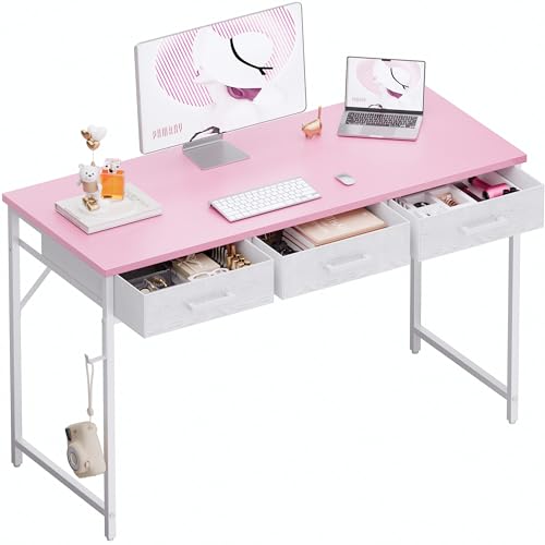 Pamray 47 Inch Small Computer Desk with 3 Drawers for Bedroom Study Writing Home Office Table for Small Spaces Pink - color: Pink, size: 47 Inch