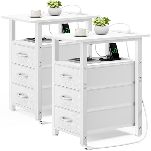 Vagusicc Set of 2 White Night Stand with Charging Station, Narrow Nightstand with U-S-B Ports and Outlets, Small Night Stand 3 Fabric Storage Drawers, Small Bedside Table - color: White, size: 2, style: With Power
