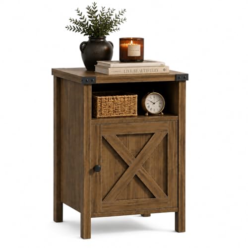Catrimown Farmhouse Nightstand, Side Table End Table with Barn Door and Shelf, Modern Bed Side Table End Table, Rustic Nightstands Set for Bedroom, Living Room, Oak, 13.8D x 15.8W x 23.7H in - color: Oak