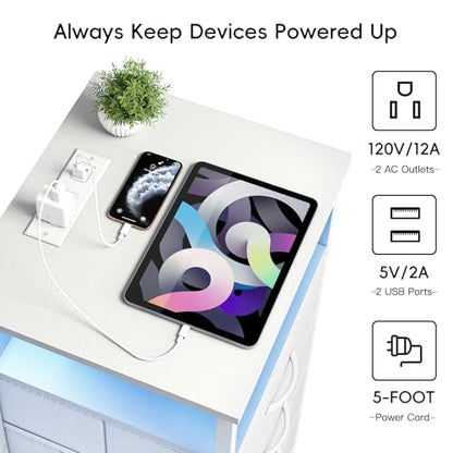 Fixwal White Nightstand with Charging Station, LED Night Stand with 3 Fabric Drawers and Open Shelf, Bedside End Table in Bedroom - color: White, size: 27.6"H (3 drawers), style: Power+Light (1pc)