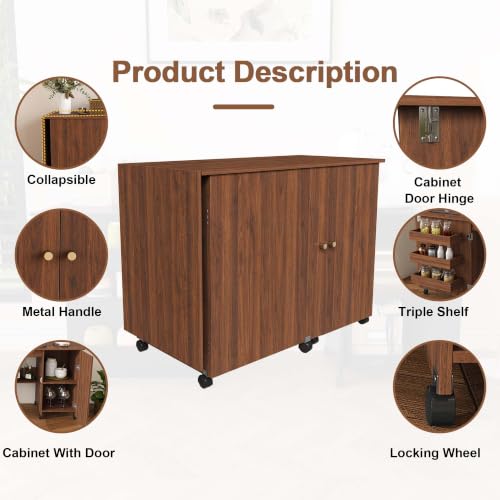 HRVEOCEI 4-in-1 Folding Sewing Table with Storage, Sewing Desk Foldable with Lockable Wheels & Power Socket, Sewings Machine Cabinet & Craft Desk with Shelves, Compact Design (Walnut, 57 Inch) - color: Walnut, size: 57 Inch