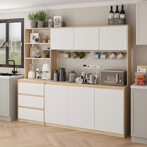 Mekminop Extra Large Kitchen Pantry with Microwave Shelf, Kitchen Hutch Storage Cabinet with Countertop, Freestanding Countertop Cabinet with 3 Drawers and 3 Open Shelves, White + Walnut - color: White + Walnut, size: 82.7" Wide
