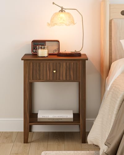 Fluted Nightstand, Farmhouse Night Stand with 1 Drawers, Mid Century Modern Side Accent Table,Bedside End Table for Bedroom, Living Room, Brown - color: Walnut Brown, size: 1 Drawer