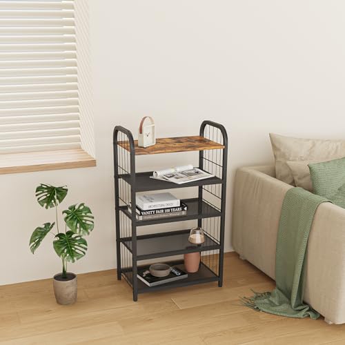Tall Slim Shoe Rack for Entryway Closet, 5-Tier Shoe Organizer | Narrow Vertical Shoe Storage Shelf Wood with Guardrails, Metal Mesh Shelves, Wooden Top,for Front Door Entrance Small Spaces - size: 17.32" X 10.24" X 29.33"