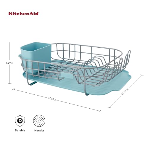 KitchenAid Low Profile Compact Dishrack with Removable Flatware Caddy and Angled Self-Draining Board, Rust Resistant Wires, 12.59 x 17.55 x 6.29 Inch, Mineral Water - color: Mineral Water, size: Low Profile