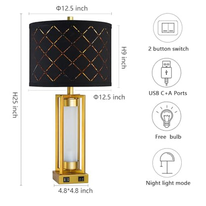 Set of 2 Modern Table Lamps for Living Room Bedroom with USB C+A | Rustic Nightstand Lamps with White Night Light, Black Grid Shade, Desk Lamps for Bedside End Tables, 4 Bulbs Included (Gold) - color: Gold