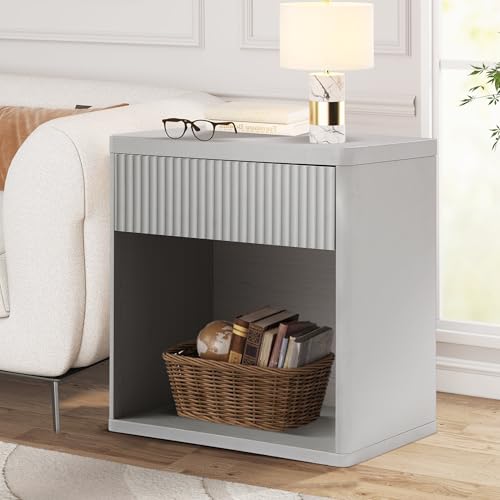 23" Fluted Nightstand, Large Bed Side Table End Table with Drawer | Mid Century Modern Bedside Night Stands with Storage for Bedroom Living Room Sofa Couch Office, White Alder