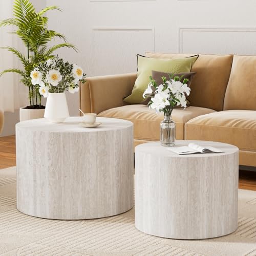 Round Nesting Coffee Table Set of 2 Modern Small Round Travertine Coffee Tables Travertine End Side Table Circle Nested Coffee Tables for Living Room (Travertine B) - color: Walnut Regular