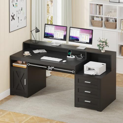 65" Farmhouse Computer Desk with Drawers and Printer Stand for Home Office | Office Desk with Power Outlets and Storage Cabinet, Study Writing Desks with Long Monitor Stand, Black - color: Black