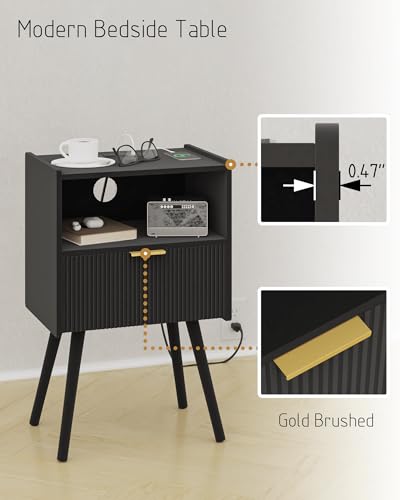 JOONEE Black Nightstand with Outlet,Modern Bedside Table with Storage Drawer and Open Wood Shelf, for Living Room, Bedroom and Small Spaces, Accent Night Stand with Solid Wood Legs, Easy Assembly - color: Black-outlet