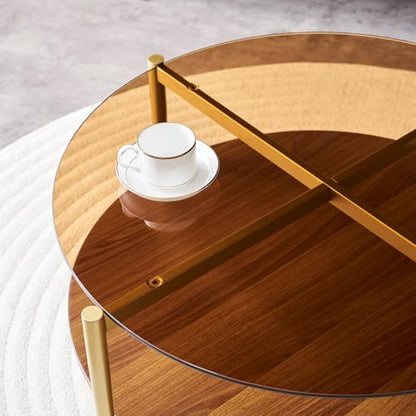 LumFurn Round Coffee Table, Mid-Century Modern Design, D30 x H17, for Living Room, 2-Tier Structure, Amber Glass Top and Walnut MDF Shelf, Sleek Conical Metal Legs with Gold Finish - color: Amber & Walnut, size: D30" Round Coffee Table