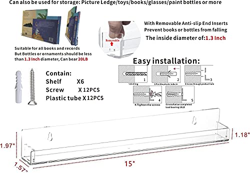Cq acrylic Invisible Clear Floating Bookshelf - 15" Hanging Wall Mounted Display Shelf for Kids Room, Modern U Shaped Ledge for Books,Picture,Toys, Vinyl Records Wall Display Shelf,Pack of 6