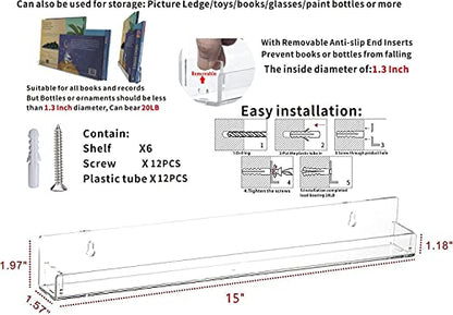 Cq acrylic Invisible Clear Floating Bookshelf - 15" Hanging Wall Mounted Display Shelf for Kids Room, Modern U Shaped Ledge for Books,Picture,Toys, Vinyl Records Wall Display Shelf,Pack of 6