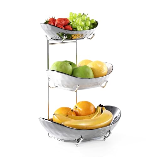 Fruit Bowl, 3 Tier Ceramic Fruit Basket, Serving Stand Serving Bowl with Metal Rack, Porcelain Kitchen Bowls for Fruit and Vegetable Storage Snack Nuts Dessert Cake Tray for Party Wedding - color: Silver