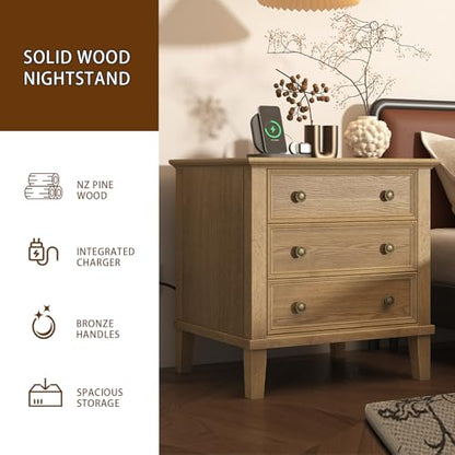 IKENO Solid Wood Nightstand with 3 Drawers, Tall Leg Bedside Table with Charging Station, Farmhouse Night Stand with Wood Slide Rail, Anti-Scratch Foot Pads for Bedroom，Teak - color: Teak