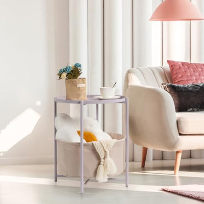 danpinera Round Side Table with Fabric Storage Basket, Small Coffee Table | Metal End Stand with Removable Serving Tray, Modern Nightstand for Small Space, Living Room, Bedroom, Nursery, Light Violet - color: Light Violet