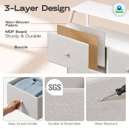 WLIVE White Fabric Dresser for Bedroom, 8 Drawer Tall Chest of Drawers | Premium Bouclé Fabric Dresser, Storage Tower with Open Shelf,Easy Assembly Dresser - color: Cream White, style: Raised Shelves