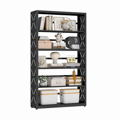 Polup Metal Bookshelf, 5 Tier Wide Bookcase with Adjustable Shelves, Tall Black Book Shelf with Bookends, Large Display Shelves for Living Room, Home Office, Library - color: Black, size: 5 Tier-31" W
