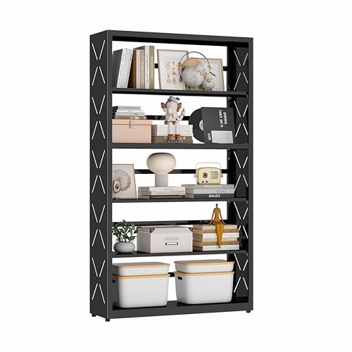 Polup Metal Bookshelf, 5 Tier Wide Bookcase with Adjustable Shelves, Tall Black Book Shelf with Bookends, Large Display Shelves for Living Room, Home Office, Library - color: Black, size: 5 Tier-31" W
