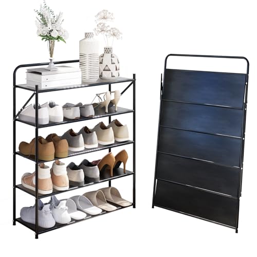 5 Tier No-Assembly Shoe Rack, Foldable Shoes Rack Organizer Without Installation, Portable Solid Metal Shoe Shelves for Closet, Entryway, Front Door Entrance - size: 5 Tier