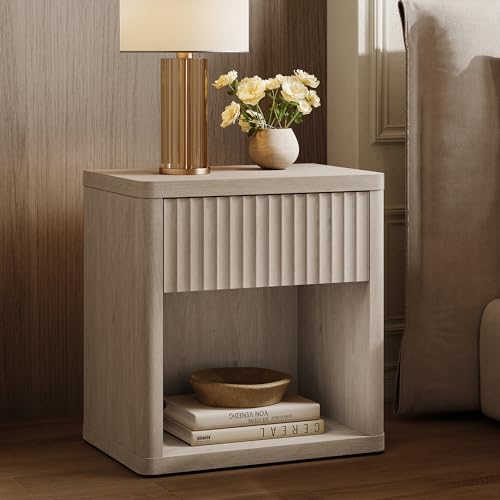 SICOTAS Night Stand Nightstand with Drawer Storage Fluted Bed Side Table End Table Large Modern Wide Bedside Stand Mid Century Night Stands for Bedroom Living Room Sofa Couch Home Office, White Alder - color: White Alder, size: 1 Piece