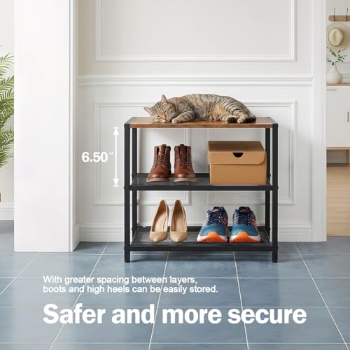 3-Tier Wooden Shoe Rack with Metal Mesh Shelves, Small Shoe Organizer for Front Door Entryway, Closet, Hallway & Bedroom, Narrow Shoe Shelf, Holds 6 Pairs, Ideal for Shoe Storage or Display - size: 17"D x 10.24"W x 15.75"H