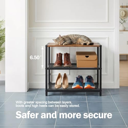 3-Tier Wooden Shoe Rack with Metal Mesh Shelves, Small Shoe Organizer for Front Door Entryway, Closet, Hallway & Bedroom, Narrow Shoe Shelf, Holds 6 Pairs, Ideal for Shoe Storage or Display - size: 17"D x 10.24"W x 15.75"H