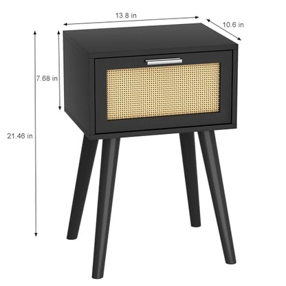 LAATOOREE Nightstand Set of 2, Small End Table with Rattan Door, Bedside Table with Solid Wood Feet, Boho Side Table for Bedroom Living Room Small Space, Black - color: Black, style: Boho Style