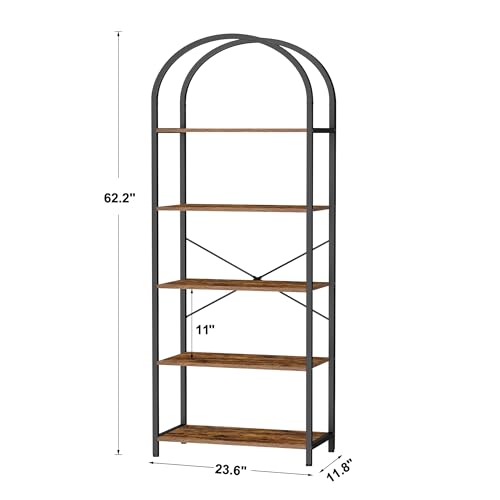 Homhedy 5-Tier Arched Bookshelf, Display Racks, Tall Book Shelf, 62.2" H | Wood and Metal Bookcase, Industrial Display Standing Shelf Unit, for Home, Office, Living Room, Bedroom, Rustic Brown - size: 5 Tier -23.6"W