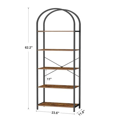 Homhedy 5-Tier Arched Bookshelf, Display Racks, Tall Book Shelf, 62.2" H | Wood and Metal Bookcase, Industrial Display Standing Shelf Unit, for Home, Office, Living Room, Bedroom, Rustic Brown - size: 5 Tier -23.6"W