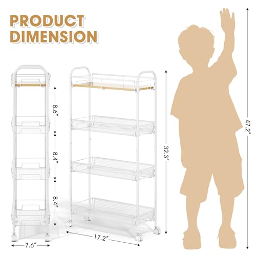 TOOLF 4-Tier Slim Rolling Cart, Metal Utility Cart, Slide Out Storage Cart with Wooden Tabletop and Mesh Baskets for Narrow Space on Kitchen Bathroom Laundry Room Bedroom Apartments Dormitory - size: Slim, style: White