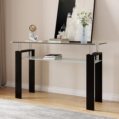 47" 2-Tier Console Table with Tempered Glass Top and MDF Frame, Modern Black Rectangular Glass Entryway Table for Living Room, Apartment, Office, Easy to Assemble - color: Black, size: Console Table