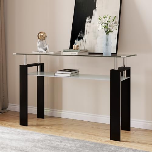 47" 2-Tier Console Table with Tempered Glass Top and MDF Frame, Modern Black Rectangular Glass Entryway Table for Living Room, Apartment, Office, Easy to Assemble - color: Black, size: Console Table