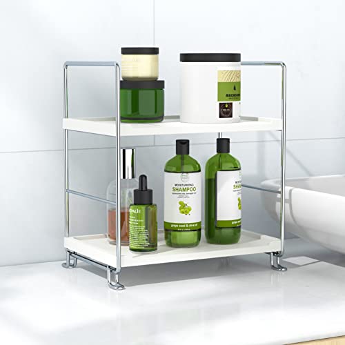 2-Tier Bathroom Countertop, Cosmetics Skincare Organizer Holder for Perfume, Bathroom Counter for Dresser and and Kitchen Vanity Organizer (Sliver) - color: White + Sliver