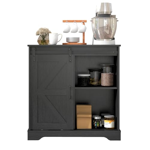 Panana Sliding Barn Door Buffet Sideboard Storage Cabinet Coffee Bar Kitchen Farmhouse Style (Black) - color: Black