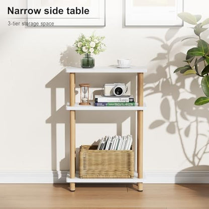 Apicizon 3 Tier End Table, Narrow Side Table with Storage Shelf, Bedroom, Living Room, Entryway, Farmhouse, White and Natural - color: White and Natural, style: Narrow Side Table