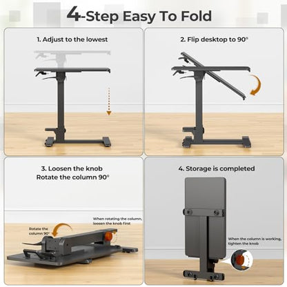 Foldable Mobile Standing Desk, 27 Inch Small Rolling Laptop Cart Height Adjustment, 90° Tiltable Sofaside Table, No Assembly Needed Portable Computer Workstation, Black - color: Black