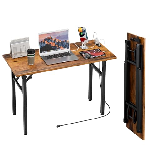 TEMI Small Computer Desk Folding Table - No Assembly, Compact 44.3" Foldable Desk with Power Outlets & USB Charging Port, Portable Small Office Desk, Ideal Mini Study Table for Narrow Spaces, Brown - color: Rustic Brown, size: 43.3 Inch, style: With Power