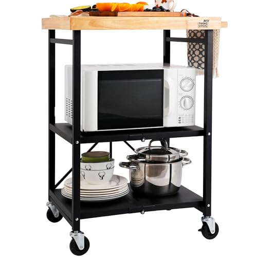 Mythinglogic Foldable Kitchen Storage Cart, 3-Tier Rolling Cart with Solid Oak Top, Heavy-Duty Metal Utility Rack for Microwave, Pots, Dish Set, Meal Prep Area, Kitchen Island on Lockable Wheels - size: 25.39"D x 19.6"W x 35.82"H